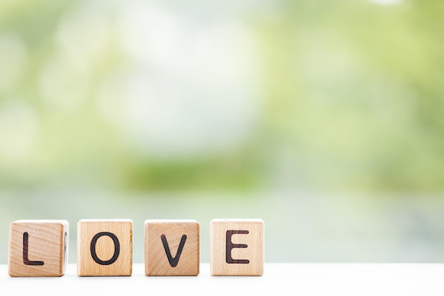 Love word is written on wooden cubes on a green summer background Closeup of wooden elements