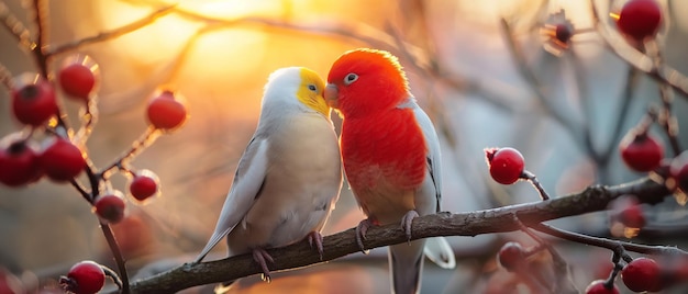 Photo lovebirds on a branch partnership and harmony