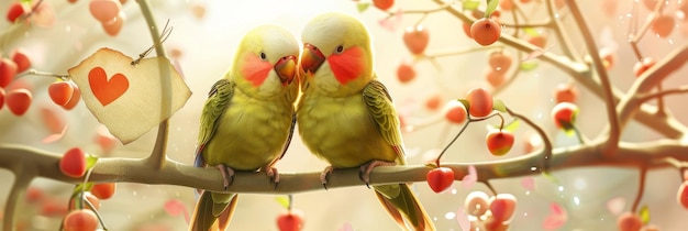 Photo lovebirds on a branch with a heart