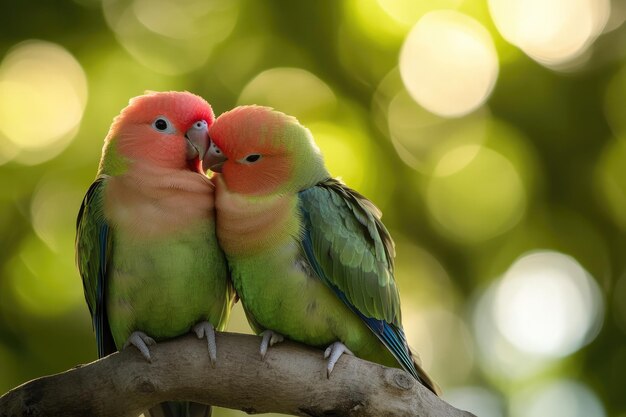 Photo lovebirds snuggled together on a perch with soft focus background