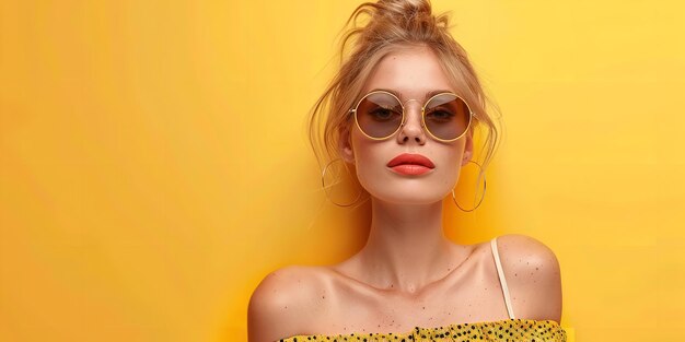 Photo lovely american lady in sunglasses on a yellow backdrop generative ai