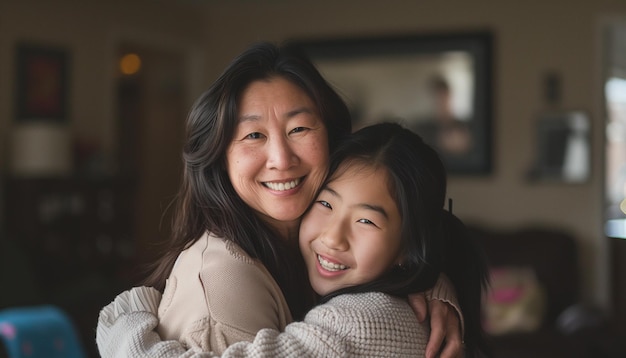 Photo lovely asian mother hug her daughter photo ai generate