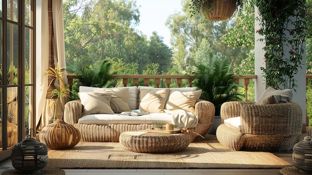 A lovely balcony or outdoor area with an armchair and wicker sofa on the exterior design Generative AI