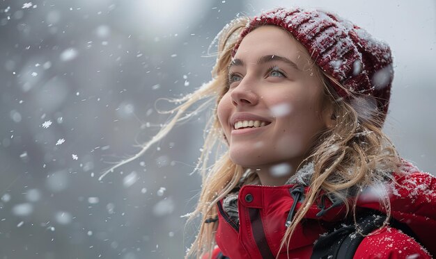 Photo lovely blonde girl enjoying the snowflakes while wearing a red winter jacket generative ai