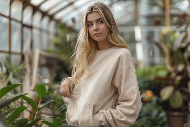 A lovely blonde model is shown in this mockup photo dressed in an oversized crewneck beige sweatshirt Generative Ai