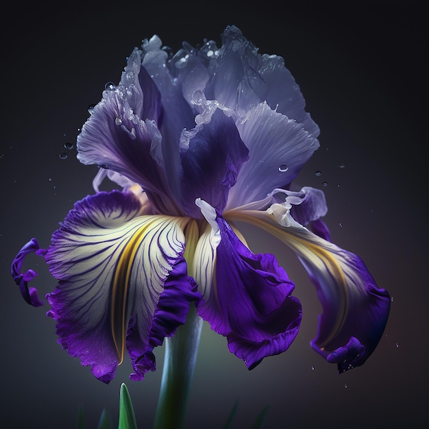 Lovely blue iris flower isolated on black in water splash beautiful spring floral background