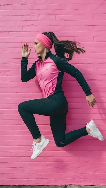 Photo lovely brunette woman in pink sports headband and tracksuit jumps on isolated pink wall