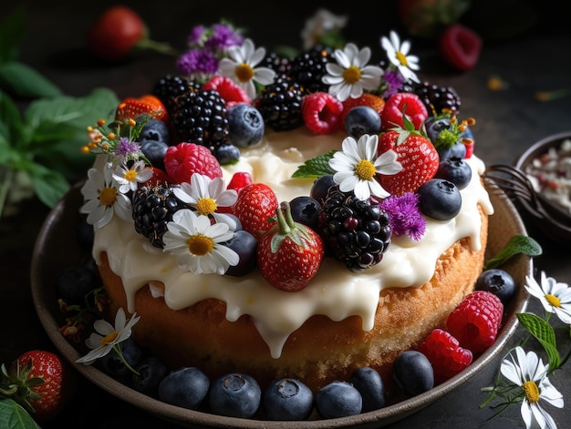 Lovely cake with fruits and flowers generative ai