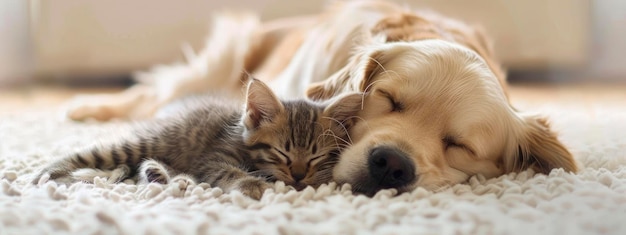 lovely cat and lovely golden retriever dog cuddling on the white carpet