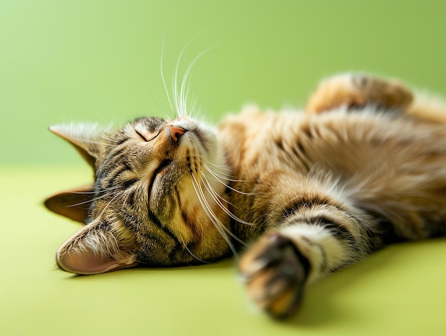 Lovely Cat Lying on Green Isolated Background Bright Day Portrait