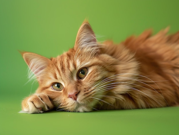 Lovely Cat Lying on Green Isolated Background Bright Day Portrait