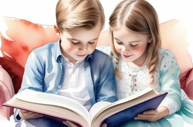 lovely caucasian siblings reading interesting book with tales together family bonds storytelling