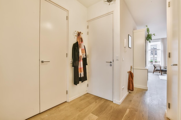 Lovely corridor with wooden parquet floors and doors