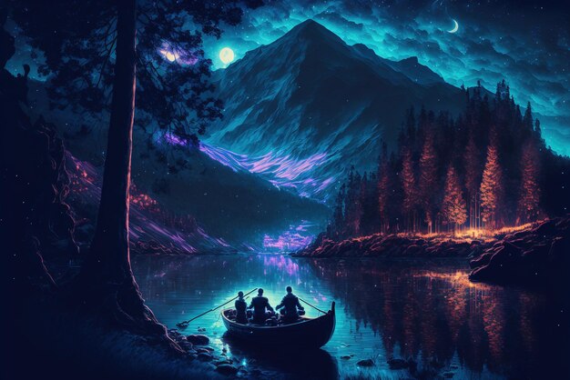 A lovely couple having a romantic moment in a boat in a forest near a mountain at night