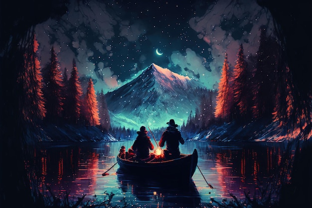 A lovely couple having a romantic moment in a boat in a forest near a mountain at night