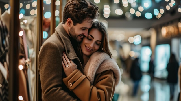 Photo lovely couple hugs in shopping mall neural network ai generated