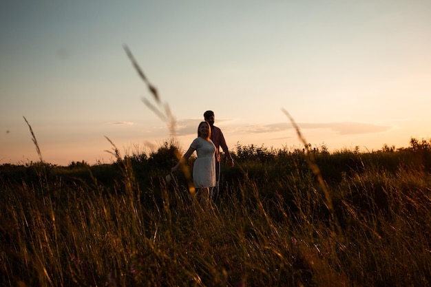 Lovely couple walking in the summer field