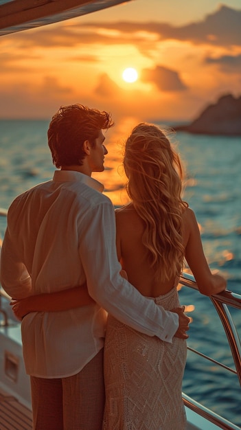 Photo lovely couple watching the sunset from the yacht