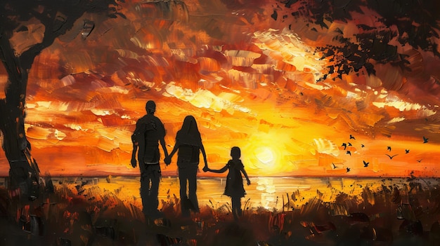 Lovely family silhouette in beautiful sunset painting with warm and vibrant colors