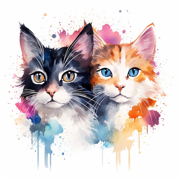 Lovely Feline Duo Watercolor Cats Illustration Generative Art