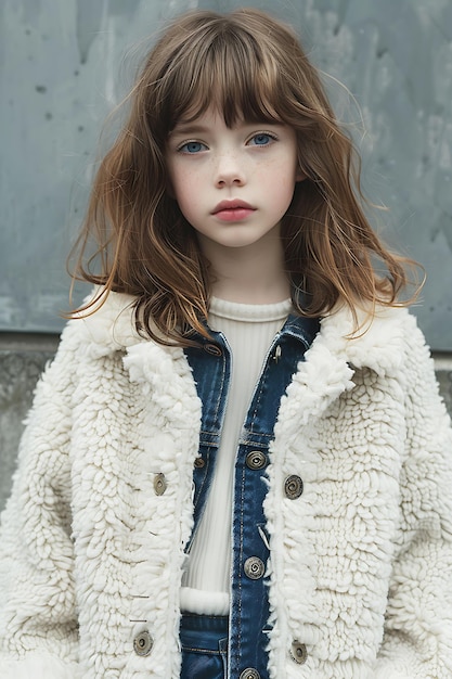 Lovely girl in fashion outwear stands near gray wall