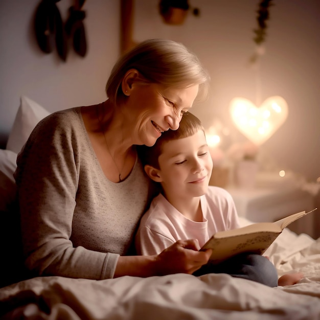 Lovely grandmother and grandson reading a story book