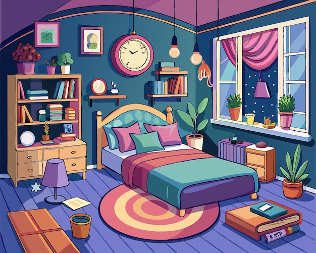 Photo lovely hand drawn bedroom designcolorful living room in vintage style