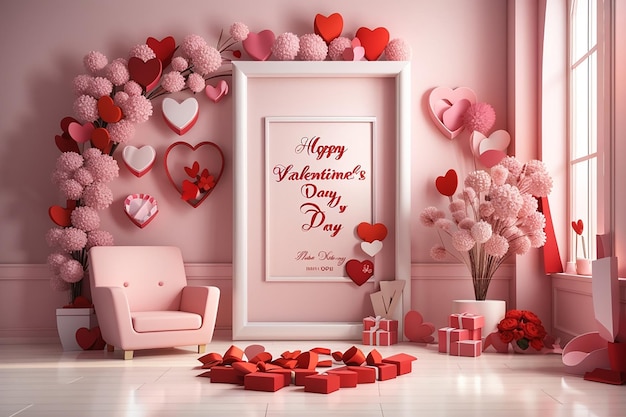 Lovely happy valentines day room with frame template in 3d model