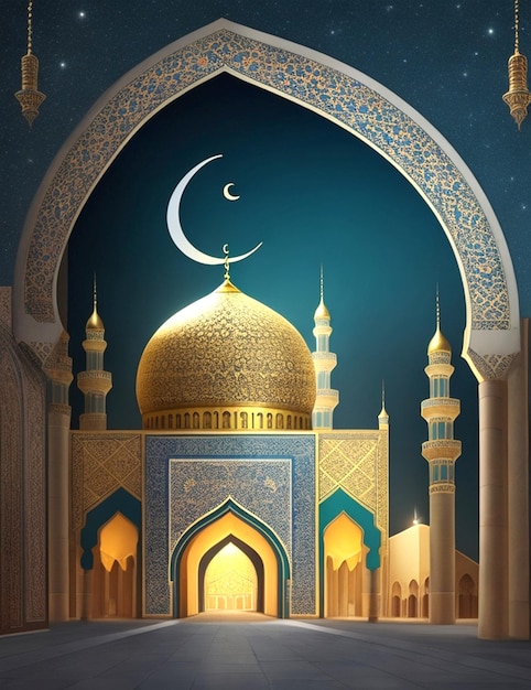 lovely Islamic mosque and eid Mubarak moon Generative AI