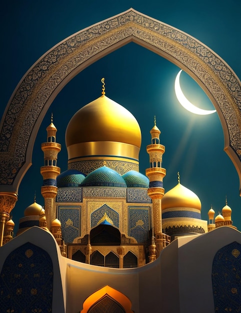 lovely Islamic mosque and eid Mubarak moon Generative AI