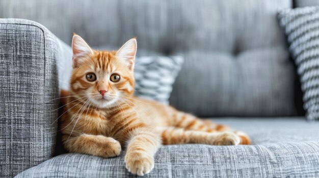 Lovely kitten rests on cozy grey couch