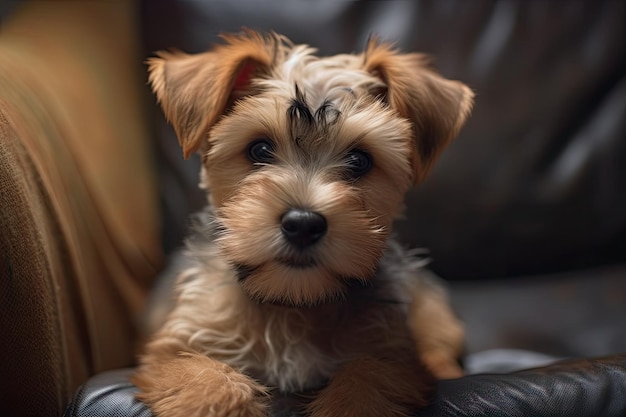 Lovely little brown puppy on a couch