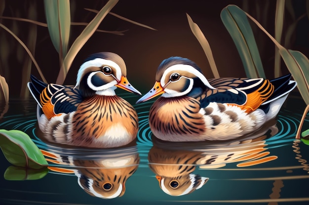 Lovely Mandarin ducks in the lake a couple