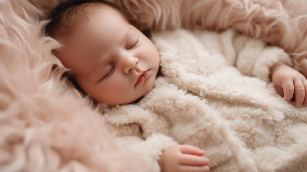 Lovely newborn baby sleeping on furry cloth