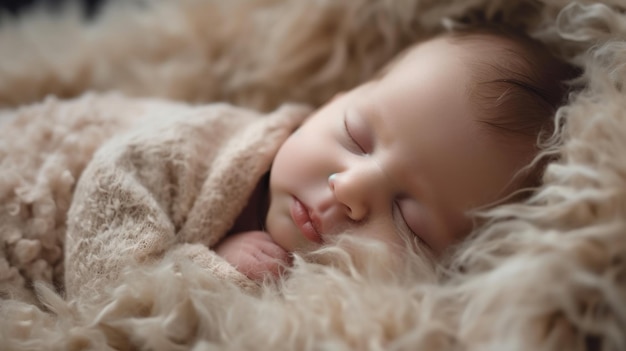 Lovely newborn baby sleeping on furry cloth