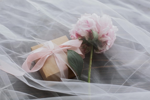 Lovely pink peony flower and gift box under soft tulle fabric on dark wood Mothers or womens day