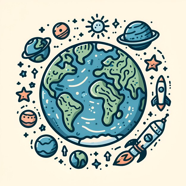 Photo lovely planet earth with hand drawn style on white background