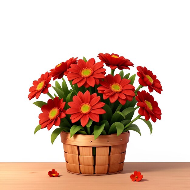 Lovely red lexica flowers in wooden basket 3d style