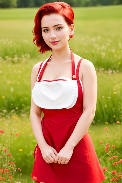 Lovely sexy woman maid posing on summer green meadowRed white dress apron red hairDigital creative designer fashion artAI illustration