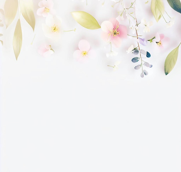 lovely spring flowers and leaves on white background with negative space