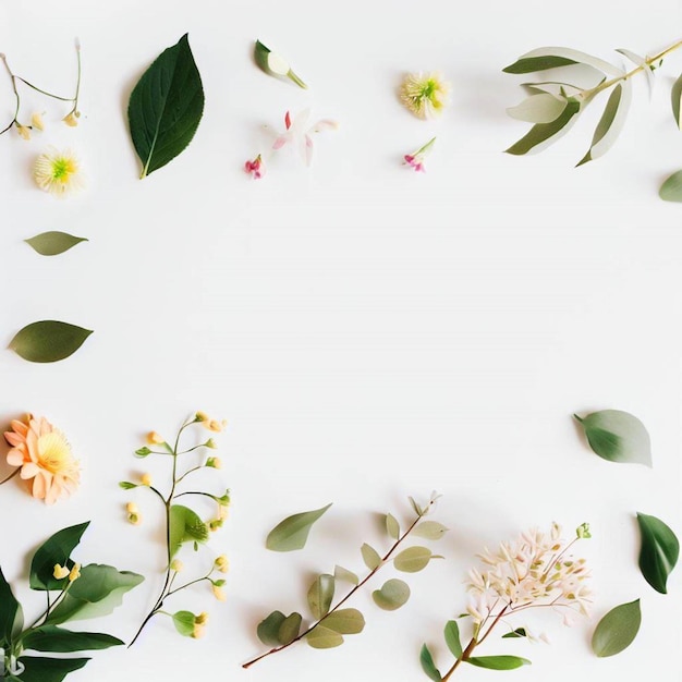 lovely spring flowers and leaves on white background