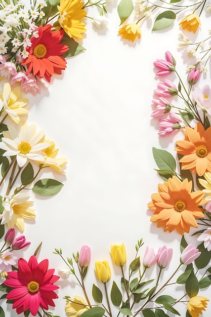 Lovely spring flowers leaves and white background