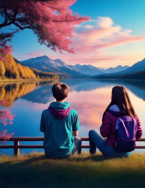 Lovely teen couple looking at the beautiful nature