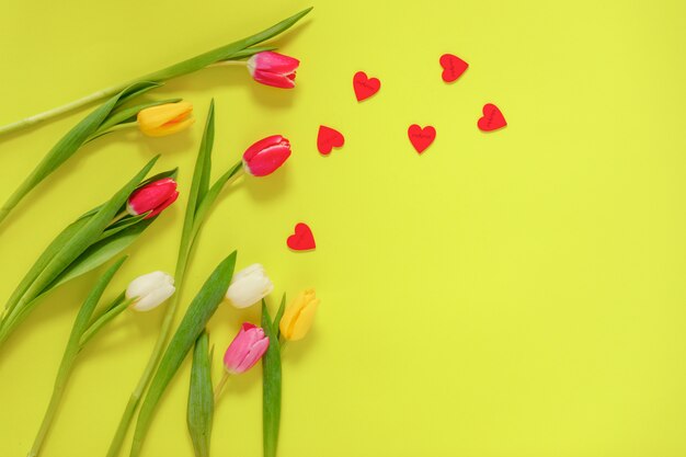 Lovely tulip flowers composition with hearts