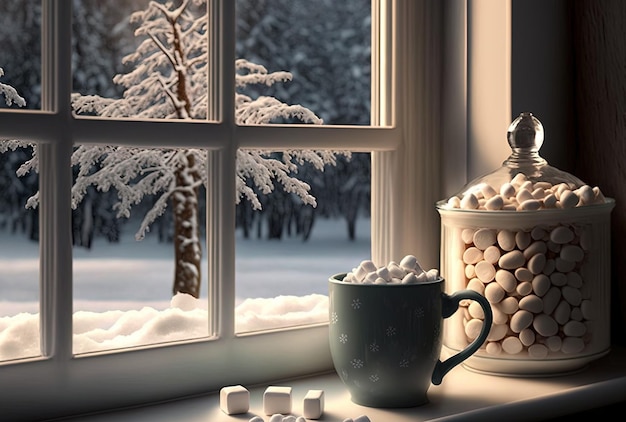 A lovely window sill with a Christmas tree and winter coffee with marshmallows