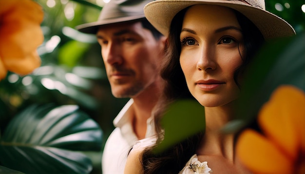 A lovely woman and man stand in front of a lush background landscape rainforest flowers rain sun rays and Generative AI