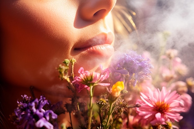 Photo lovely woman in a wildflower garden creating a soothing atmosphere with her presence