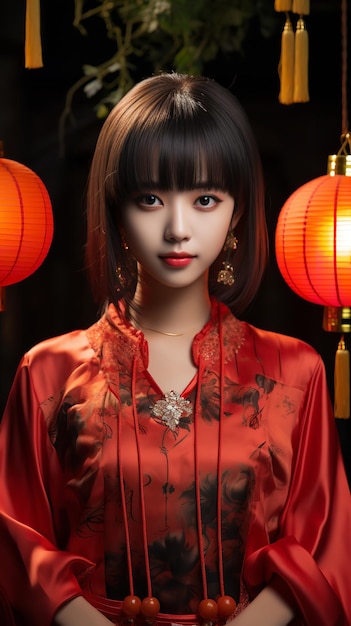 Lovely young Chinese woman with a bob haircut and traditional attire bokeh light Generative AI