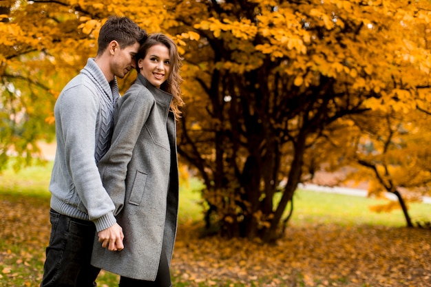 Lovely young couple in the autumn forest