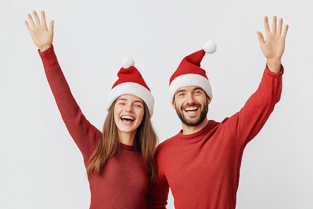 Lovely young couple in Santa hats on white background Christmas celebration